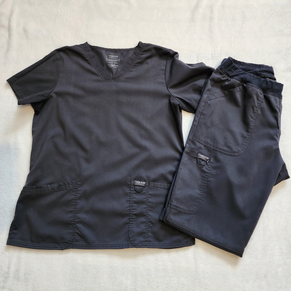 Cherokee Workwear Women's Scrubs Set Top & Tall Pants Pewter Gray Size Medium